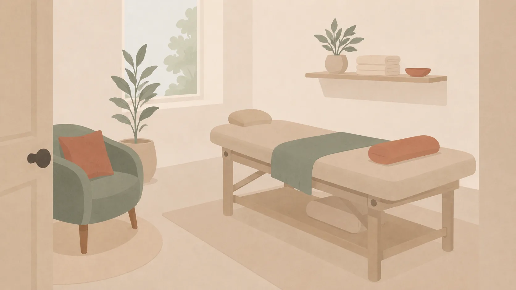 Illustration of a private treatment studio interior with a couch, armchair and plants