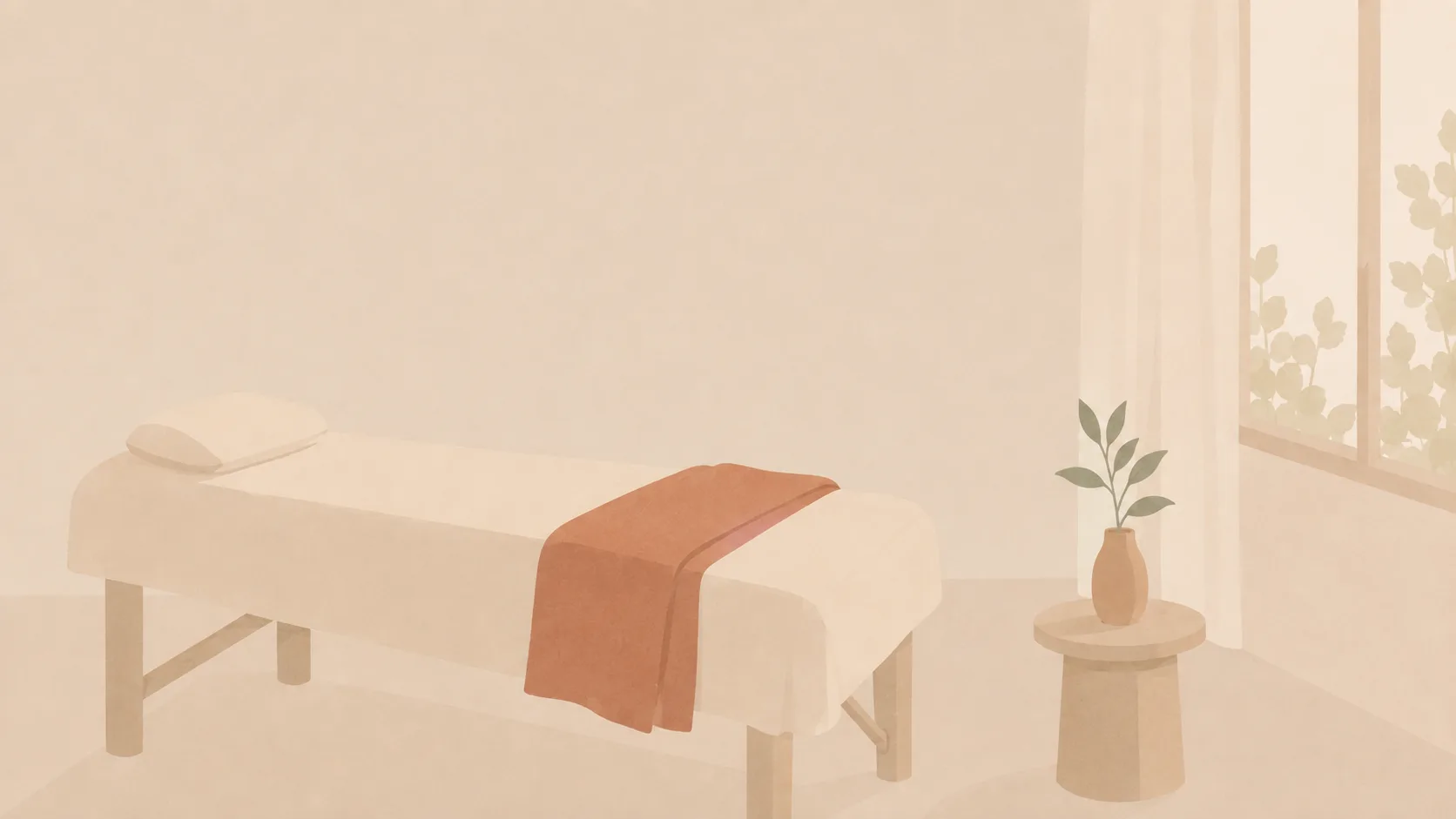 Illustration of a treatment couch beside a sunlit window with a side table