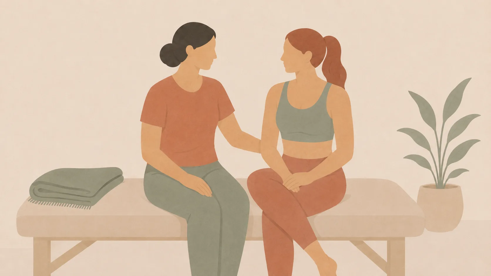 Illustration of a therapist and client sitting together on a treatment couch in conversation