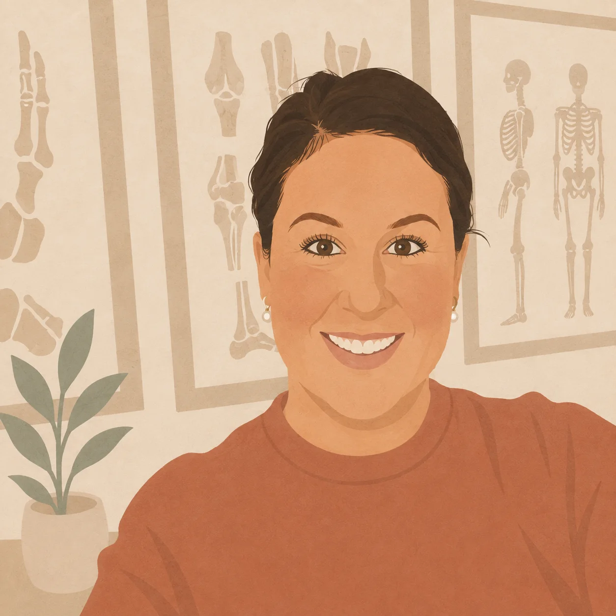 Illustrated portrait of Jenny Richmond, smiling in her studio in front of anatomy charts