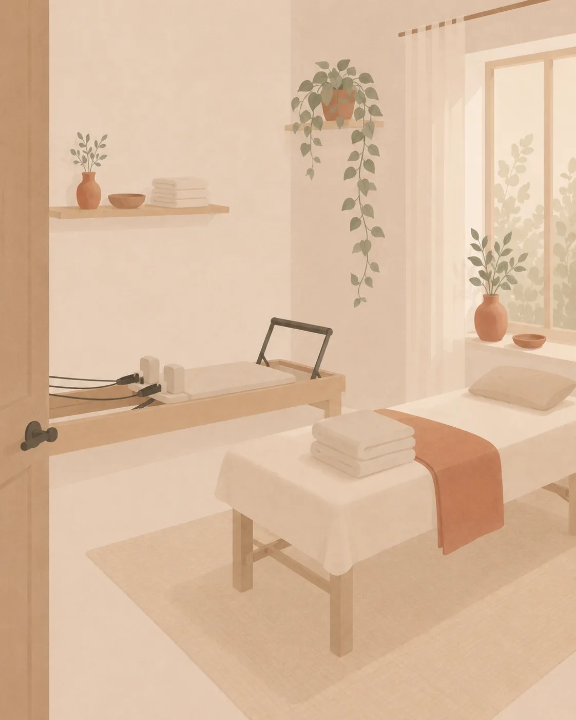 Calm, softly lit treatment room with a made-up couch and Pilates reformer