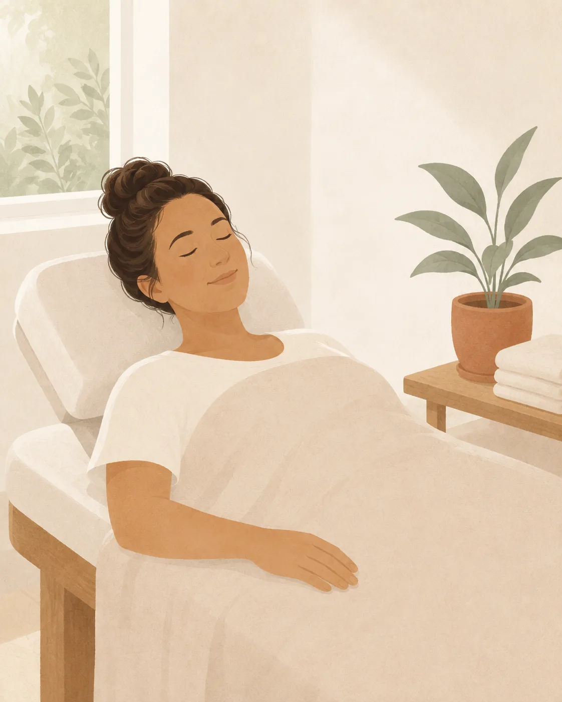 A woman lying restfully on a treatment couch under a light blanket, calm and