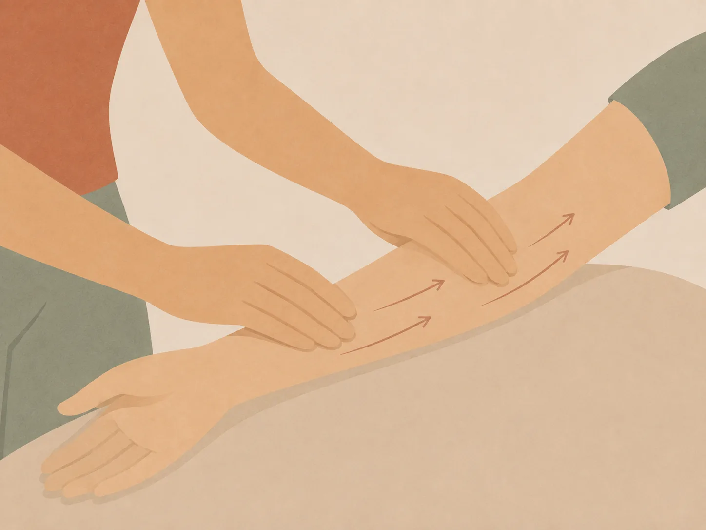 Illustration of hands performing a lymphatic drainage stroke along a forearm