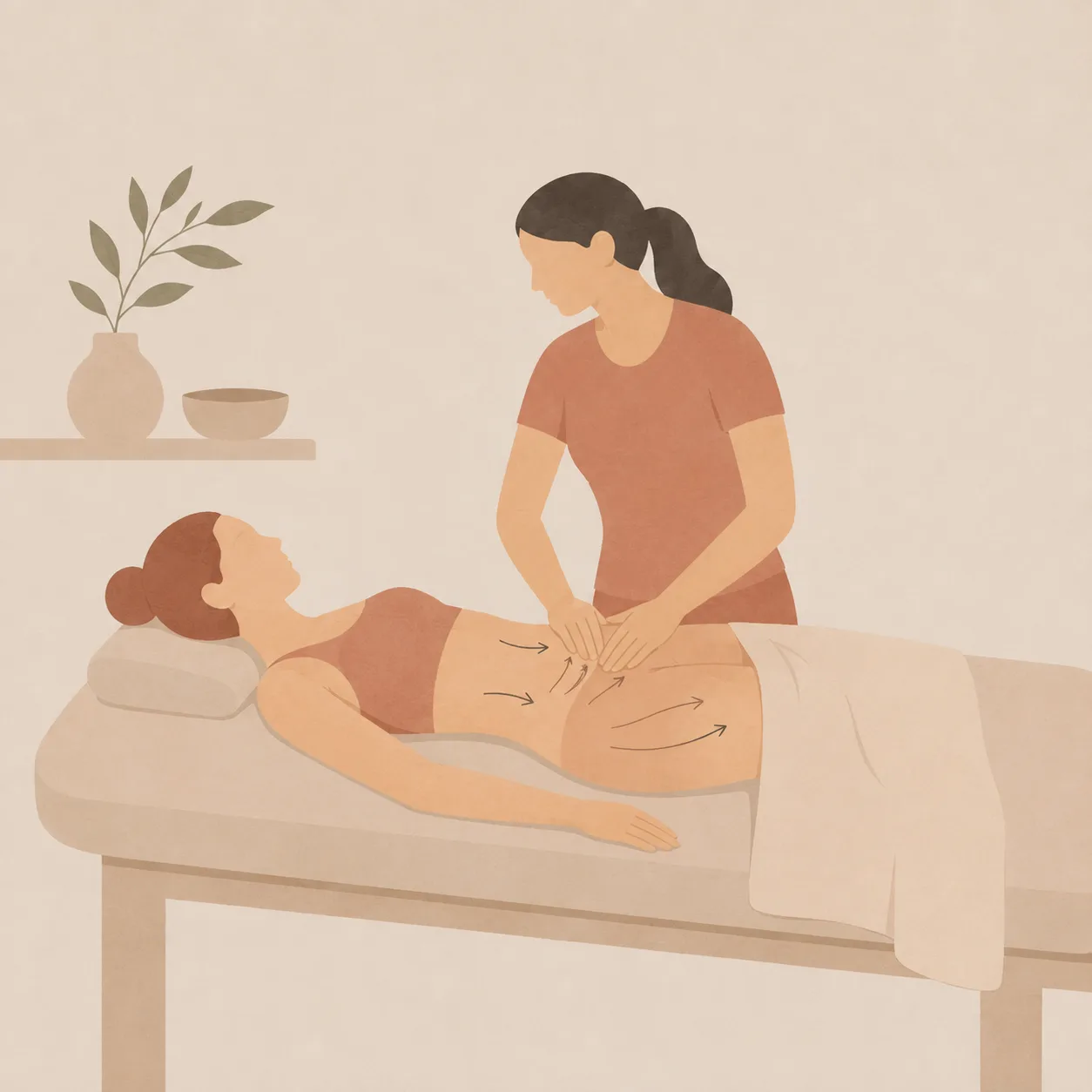 Illustration of manual lymphatic drainage, with arrows showing the direction of gentle strokes