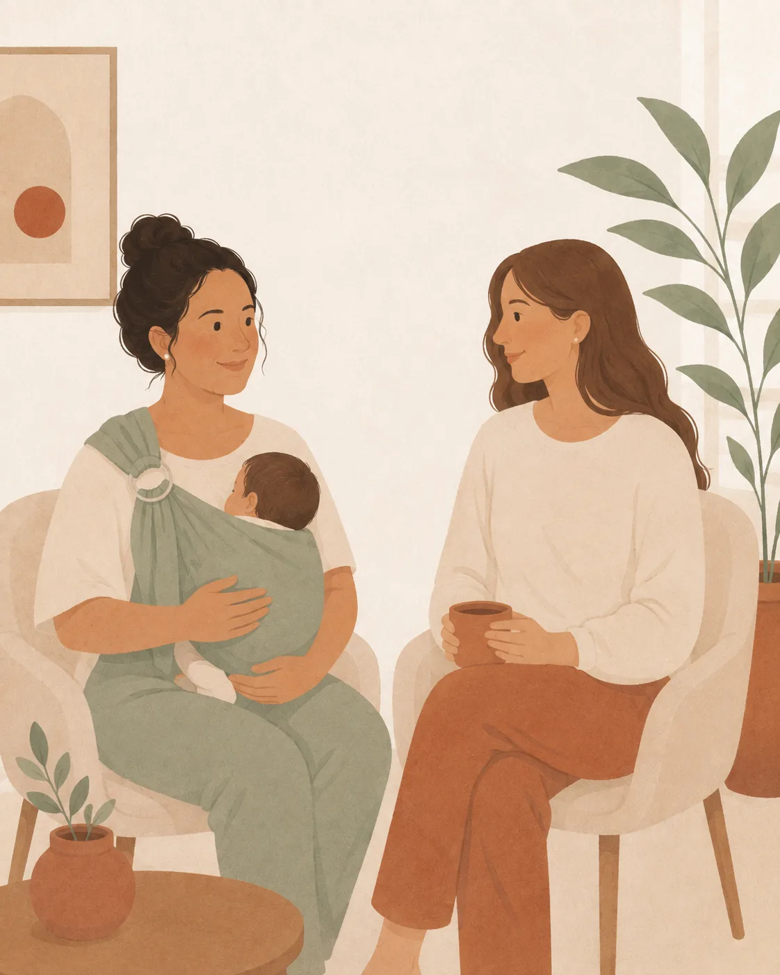 Two women in a calm studio waiting area, one with a baby in a