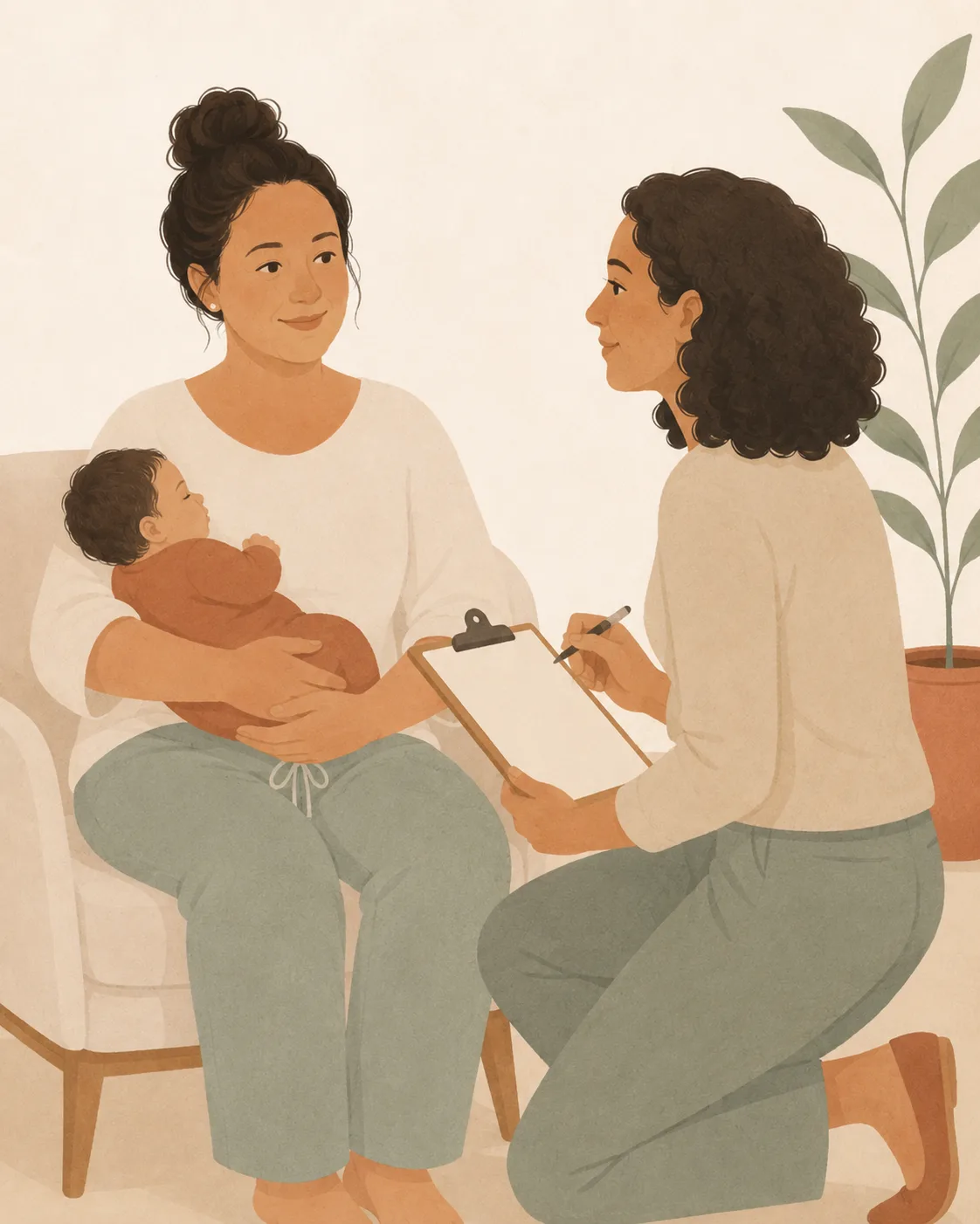 A therapist kneeling beside a seated new mother, talking through findings on a clipboard