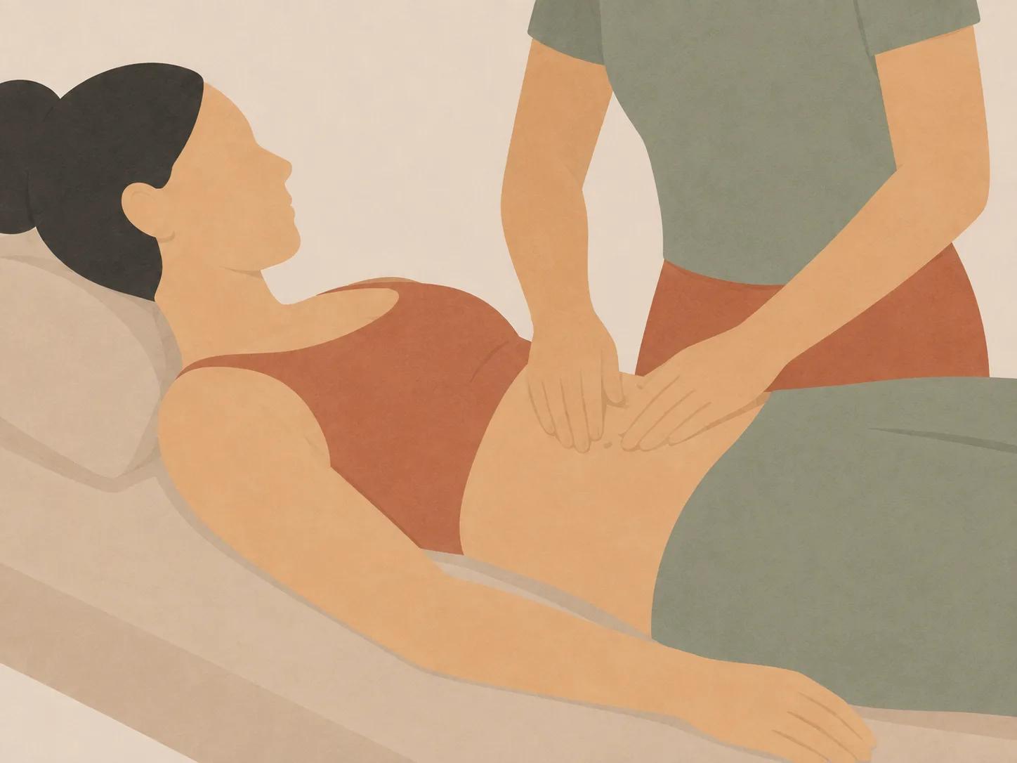 Illustration of hands resting gently on a woman's abdomen during a postnatal check