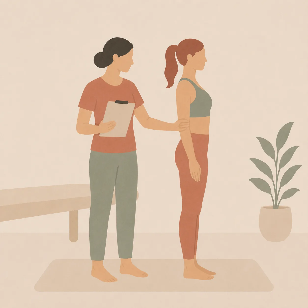 Illustration of a therapist checking a woman's standing posture with a clipboard