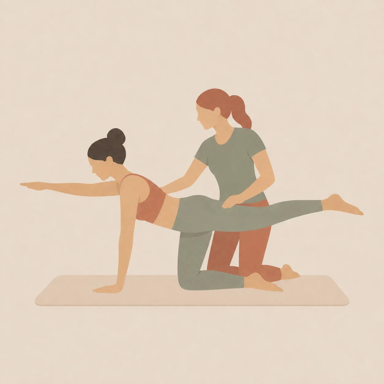 Illustration of a Pilates instructor guiding a woman through a kneeling balance exercise