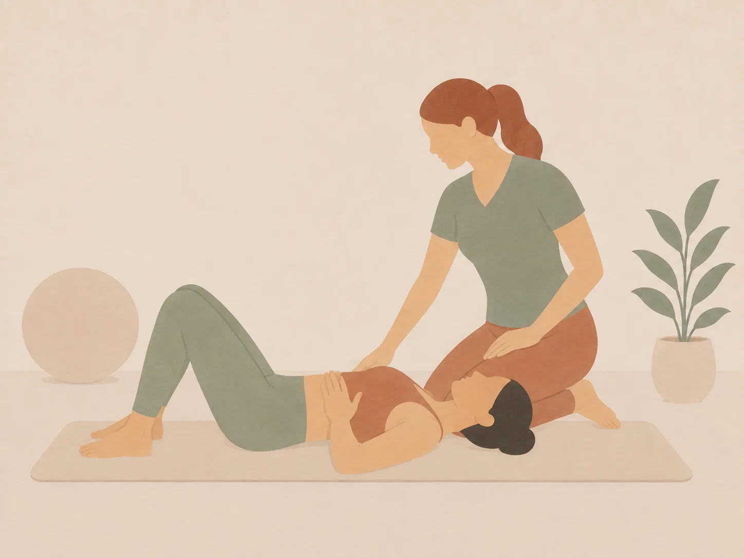 Illustration of a woman on a Pilates mat with an instructor guiding her