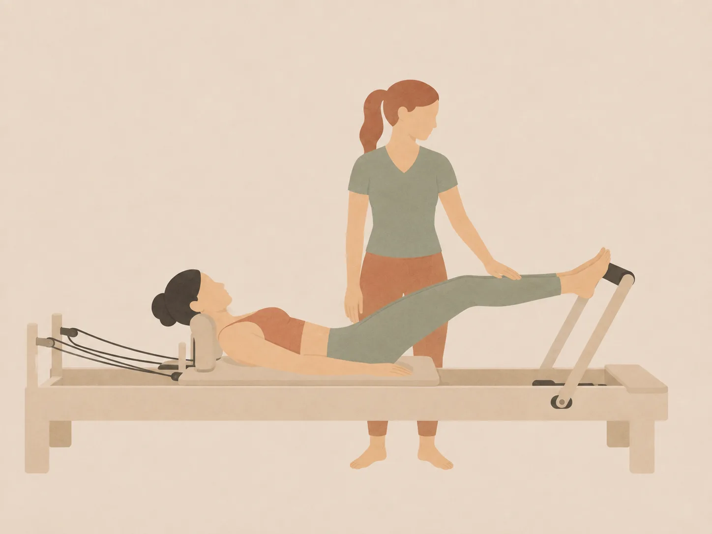 Illustration of a woman on a Pilates reformer with an instructor guiding her leg
