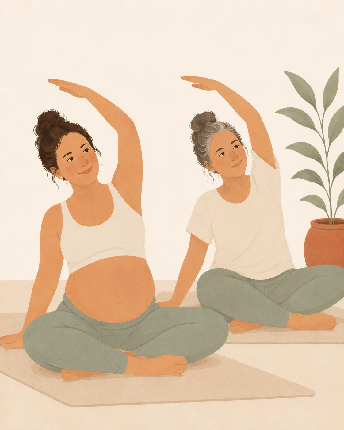 A pregnant woman and a woman in her fifties on Pilates mats side by