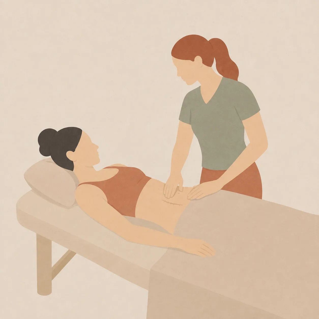 Illustration of a therapist working gently on a woman's C-section scar
