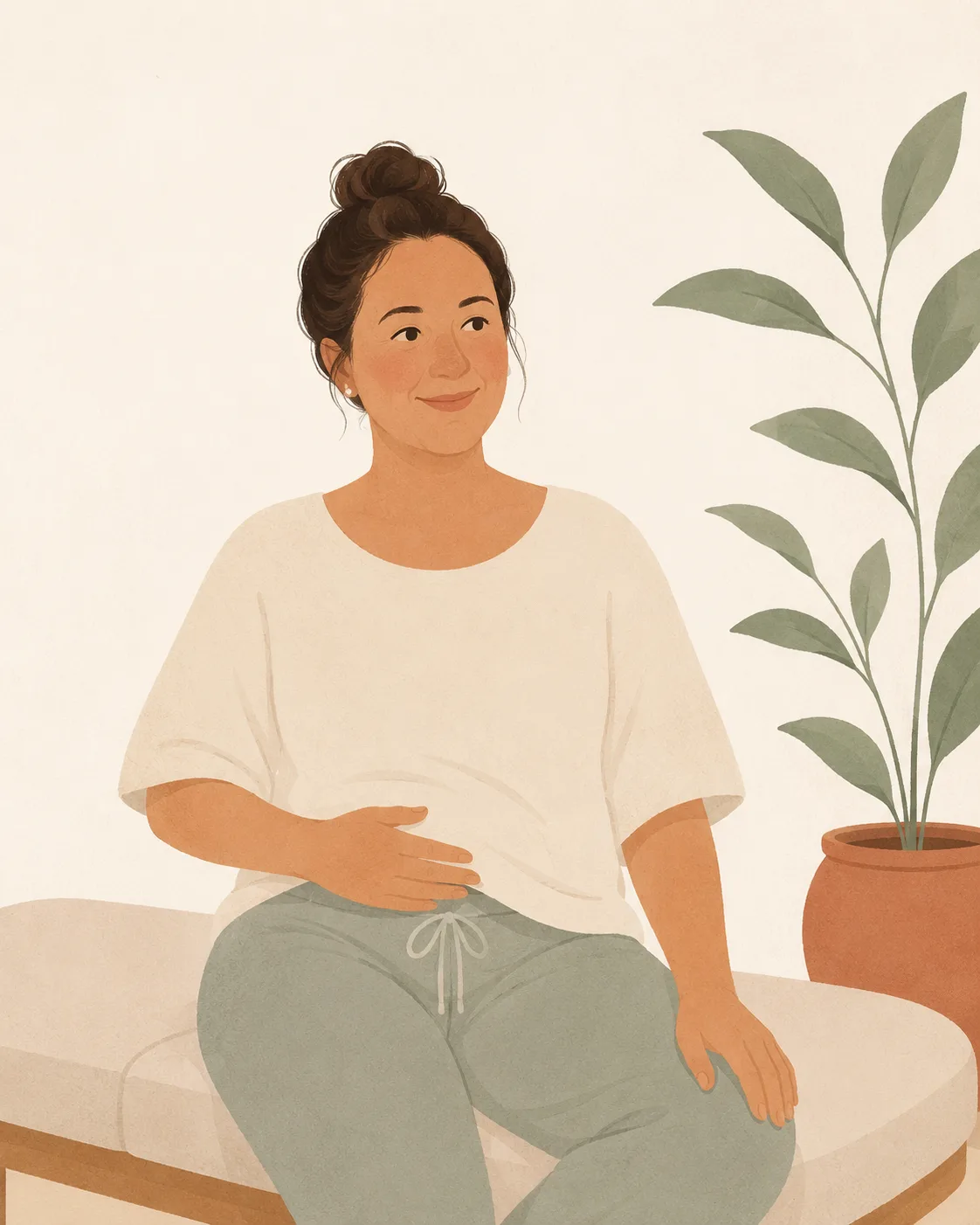 A woman sitting calmly with a hand resting over her lower abdomen, self-assured and