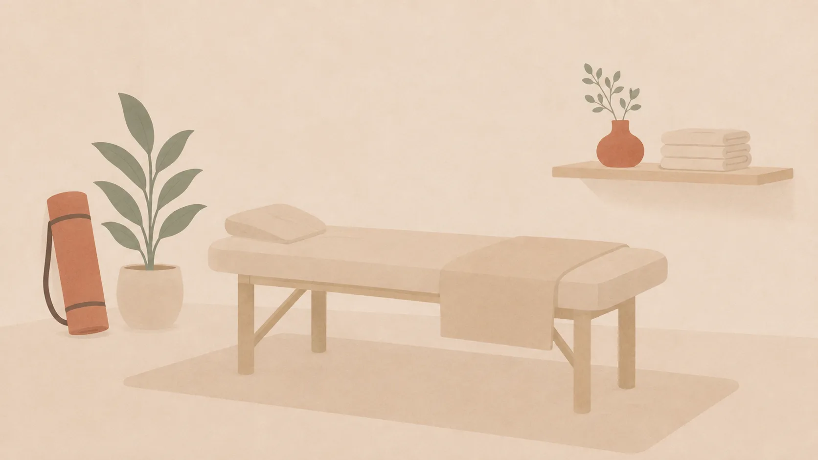 Illustration of a calm treatment studio with a therapy couch and Pilates mat