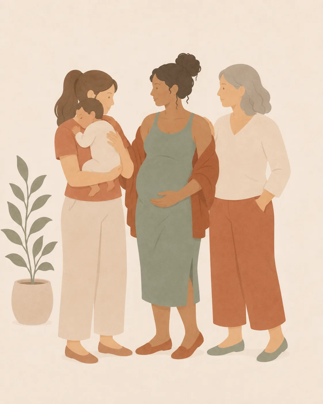 Three women at different life stages standing together